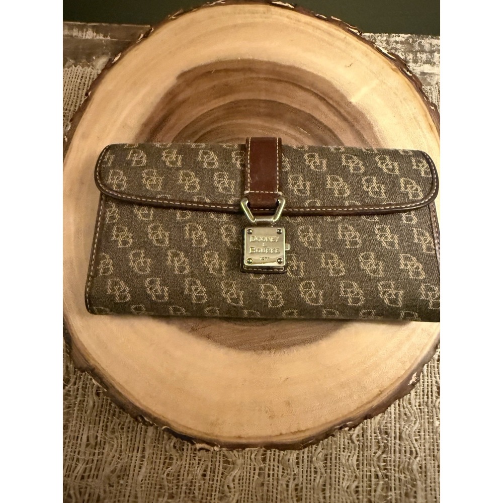 Vintage Dooney & Bourke Brown Leather Canvas Logo Trifold Checkbook Wallet